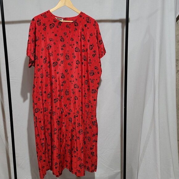 Antels dress vintage red and black plus size loose dress black roses floral 80s - Picture 1 of 13
